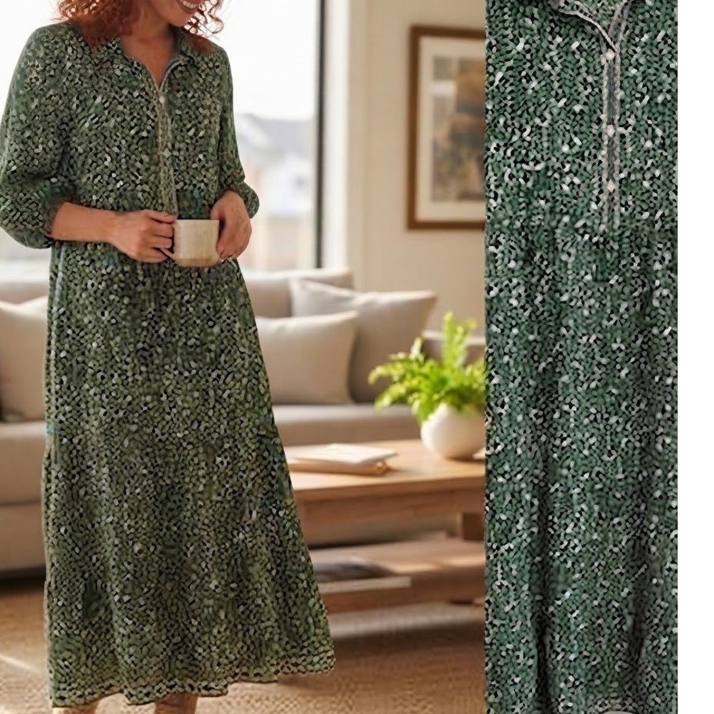 NWT Max Studio $148 London Green Floral Maxi Dress XL Long Sleeve Tiered Boho